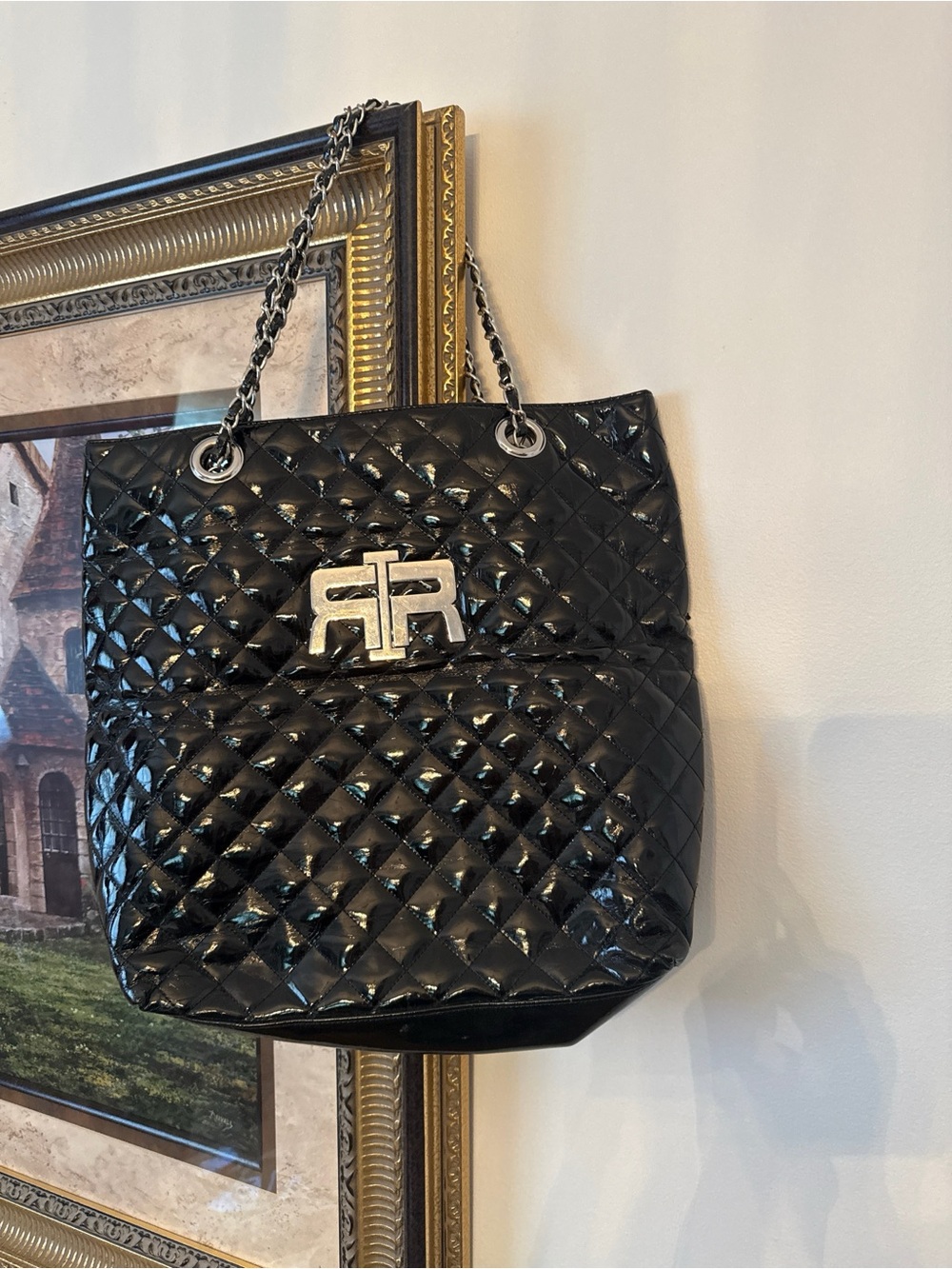 River Island Black Quilted Patent Shoulder Bag with Silver Hardware